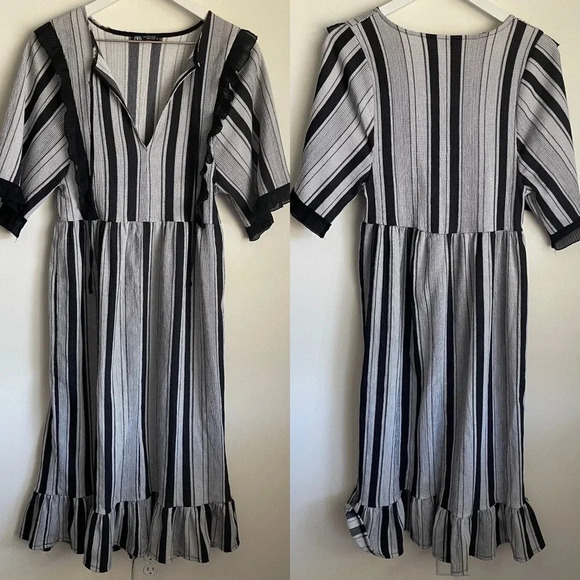 Zara striped ruffle midi short sleeve dress size small - Picture 1 of 9